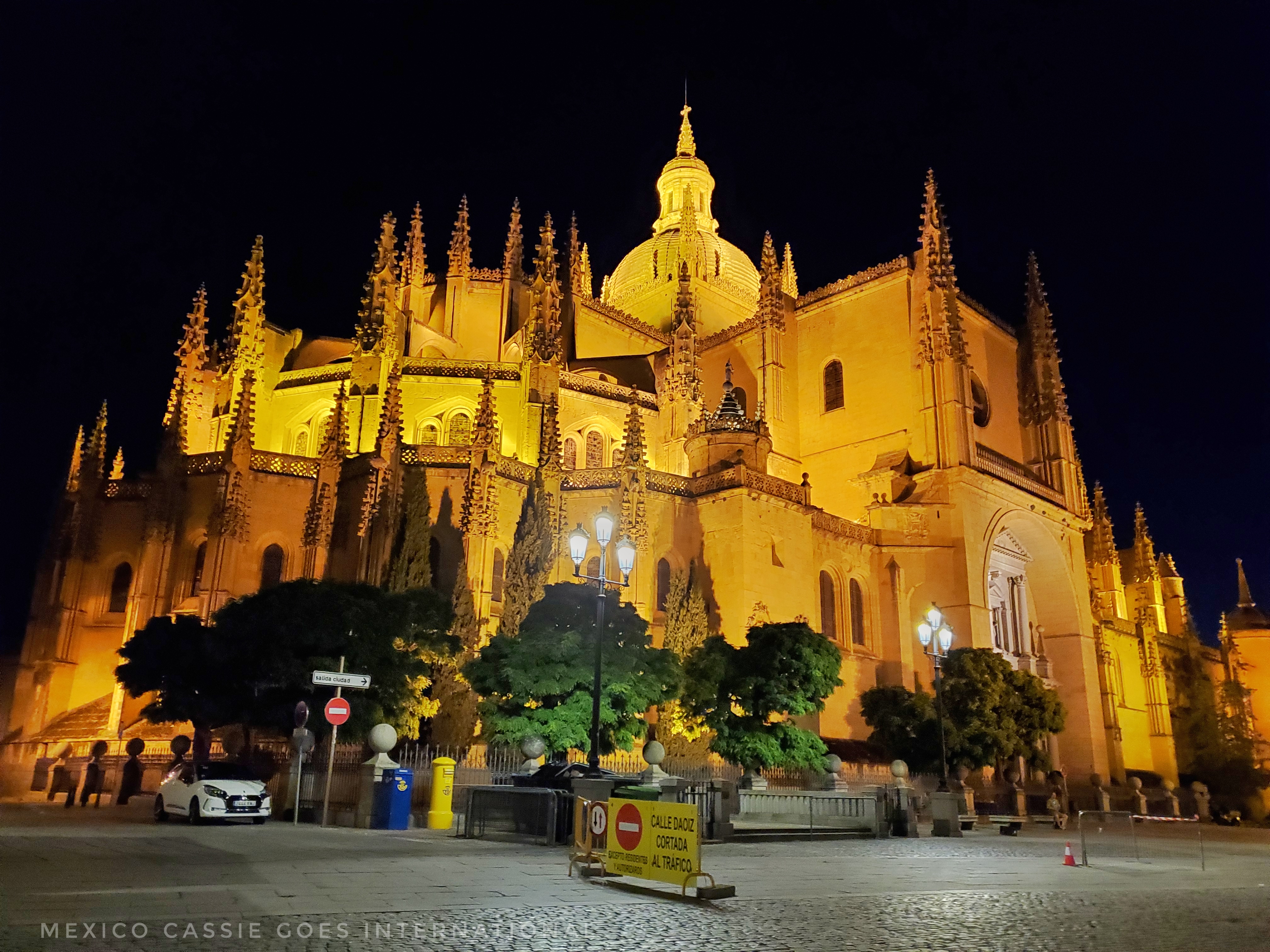 Segovia cathedral lit up at night
