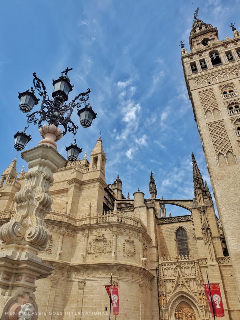 view of gothic arches and bell tower of seville cathedral