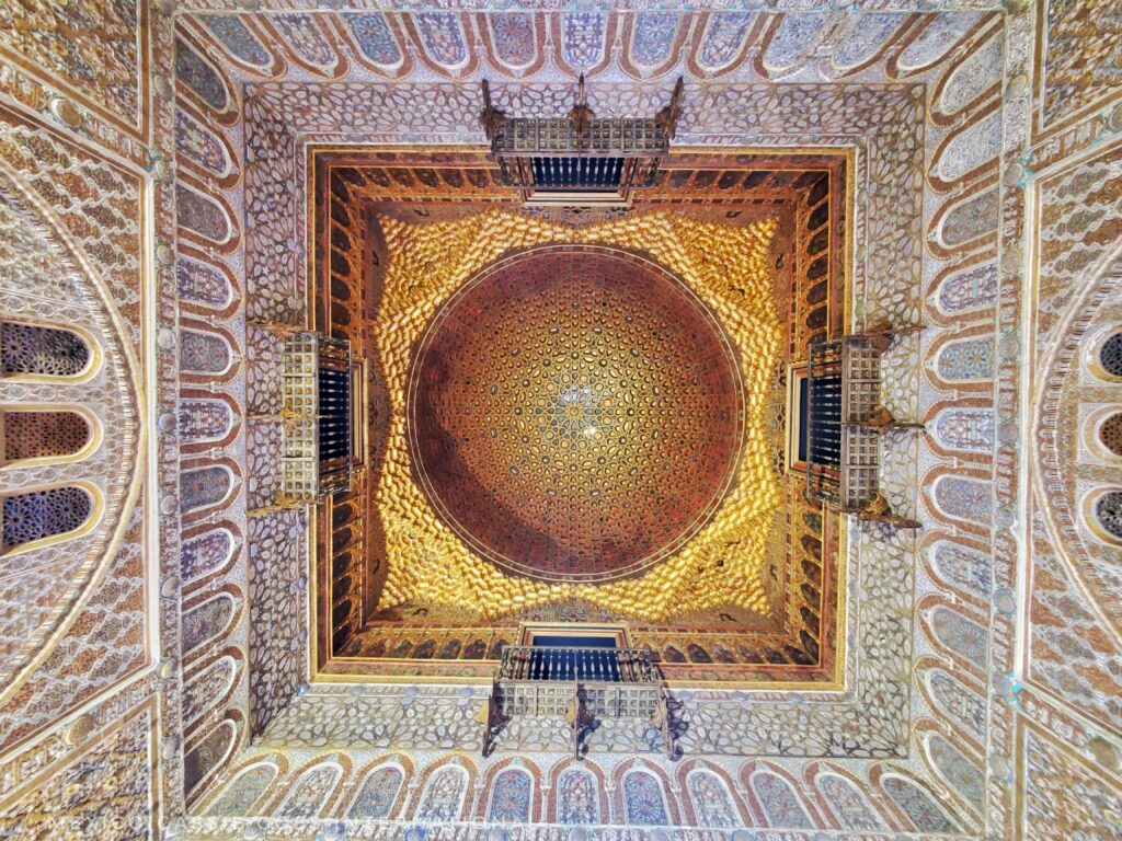 view up to a half orange dome in the ceiling from below