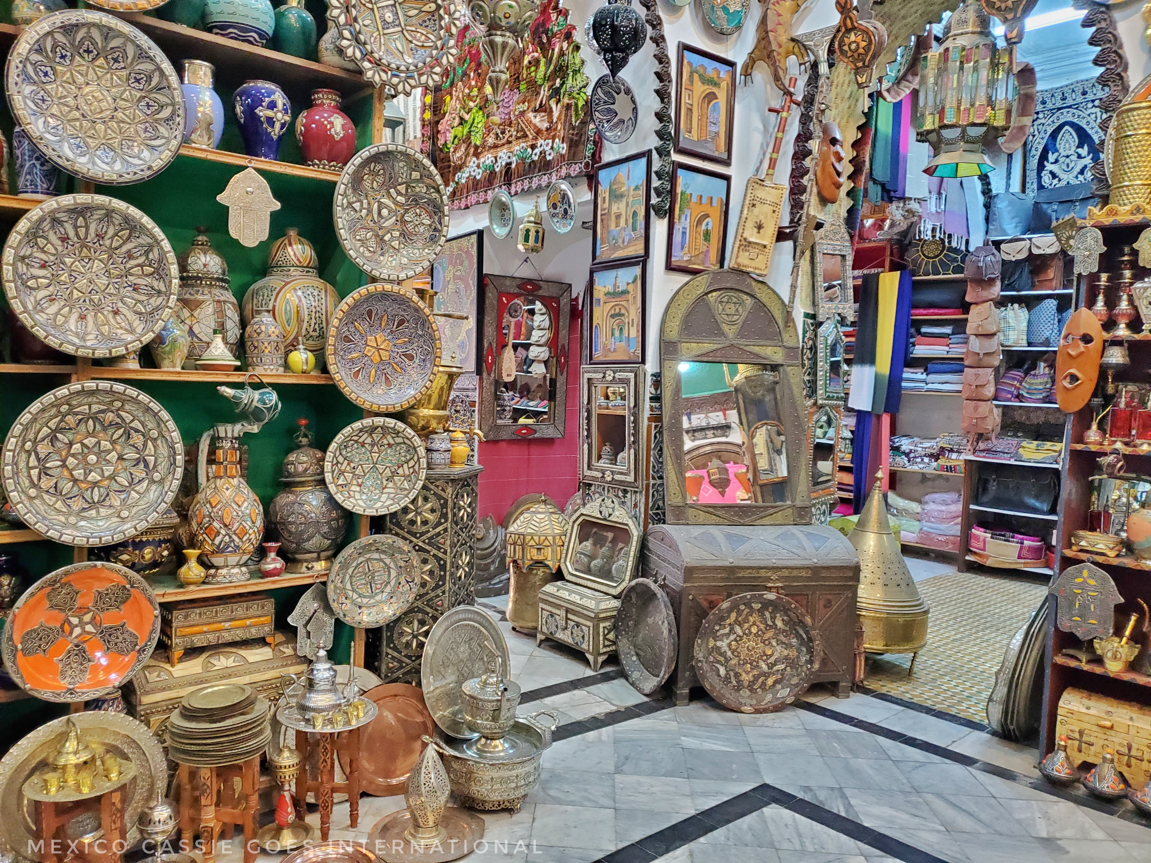 view inside Moroccan store - plates etc