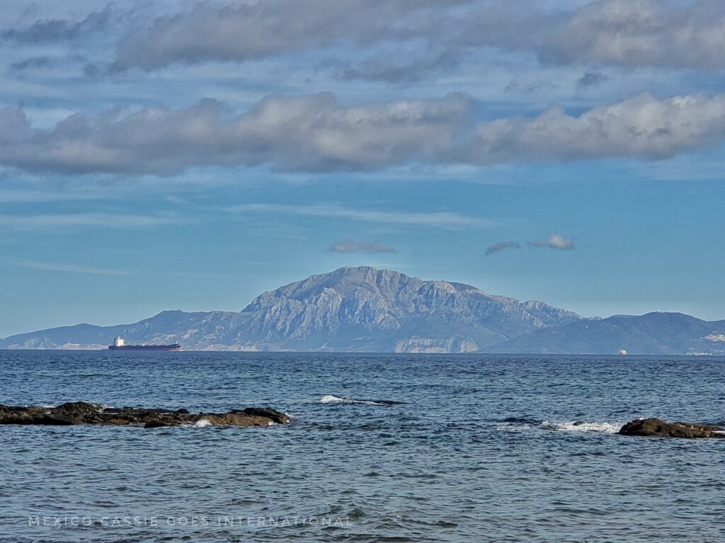 view of mountain in Africa from Spanish shore. Dark sea in foreground