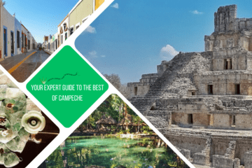 green text box: your expert guide to the best of campeche. 4 photos. 1 of a ruined stone temple, 1 of a colourful street with no cars, 1 of a jade mask, 1 of gren water in jungle