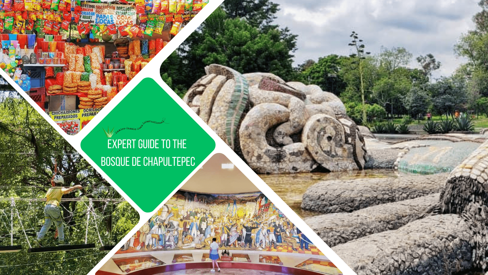 greeen text box: expert guide to bosque de chapultepec. 4 photos - 1 of tlaloc sculpture (hand and head), 1 of street food stall, 1 of a large mural and 1 of a kid on a tree top walkway