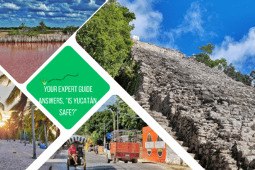 green text box: Your expert guide answers, "Is Yucatán safe?" 4 photos, 1 of steps up a ruined pyramid, 1 of pink salt lake, 1 of palms on a beach at sunrise, 1 of 2 tuk tuk style carts on road