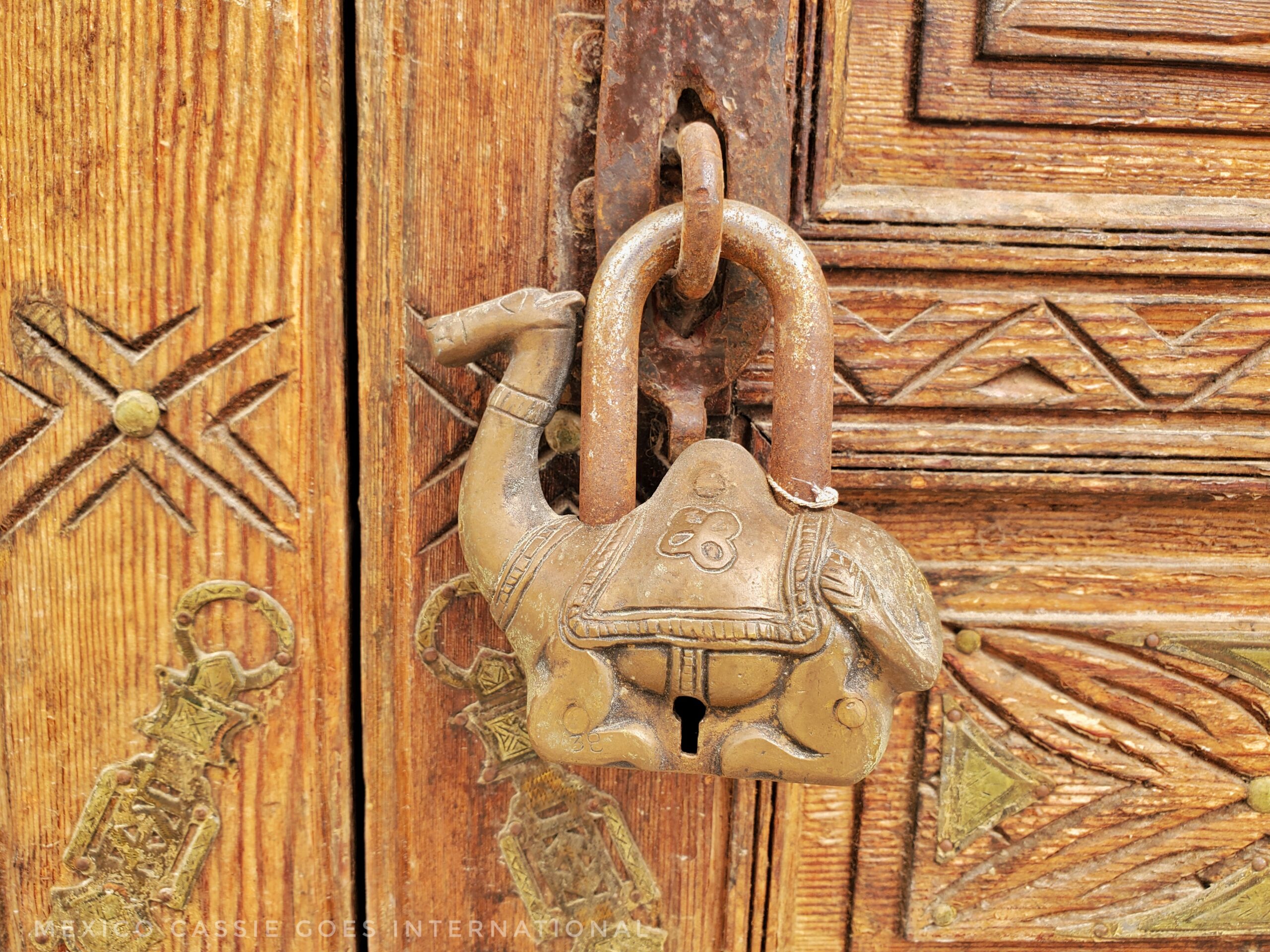 camel shaped lock hanging on a wooden door