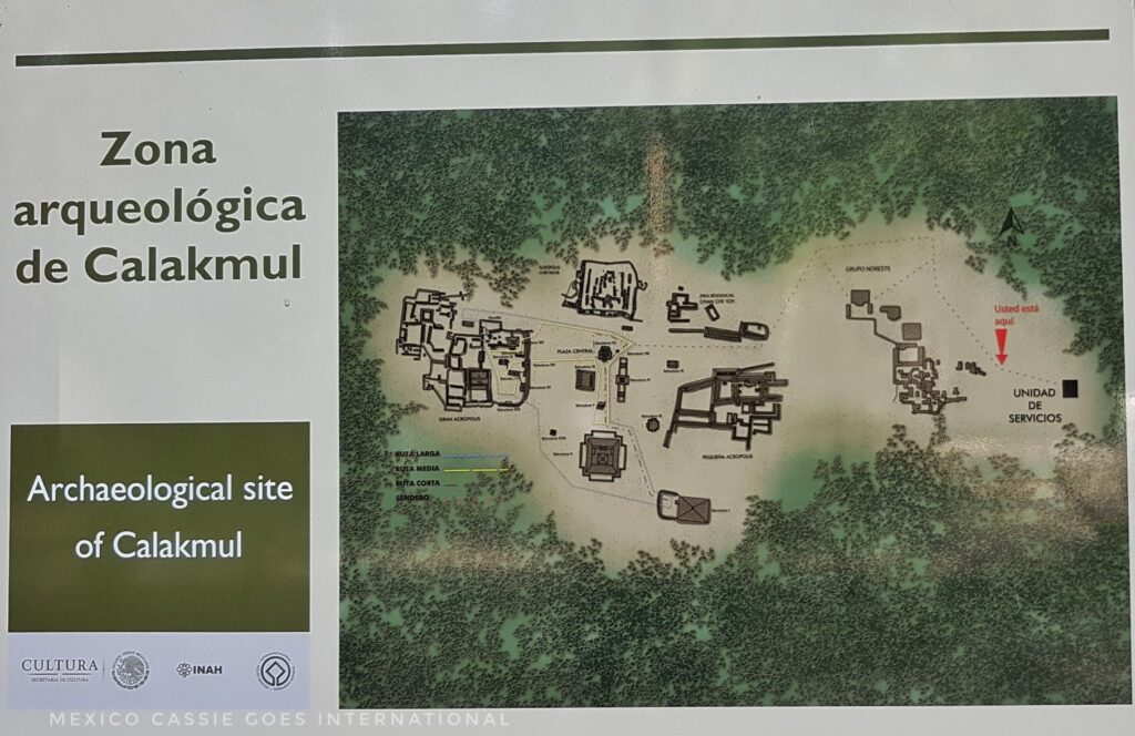 map of calakmul on a sign. "zona arqueologica de Calakmul"