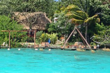 swings over water - turquoise water, jungle setting