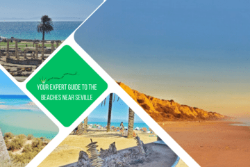 green text box: your expert guide to the beaches near seville. 4 photos of beaches - 1 long beach at dusk, 1 with roman ruins on sunny day, 1 with Caribbean colour water an dnd edge of fort, 1 of typical Andaluz beach grill with sardines on beach