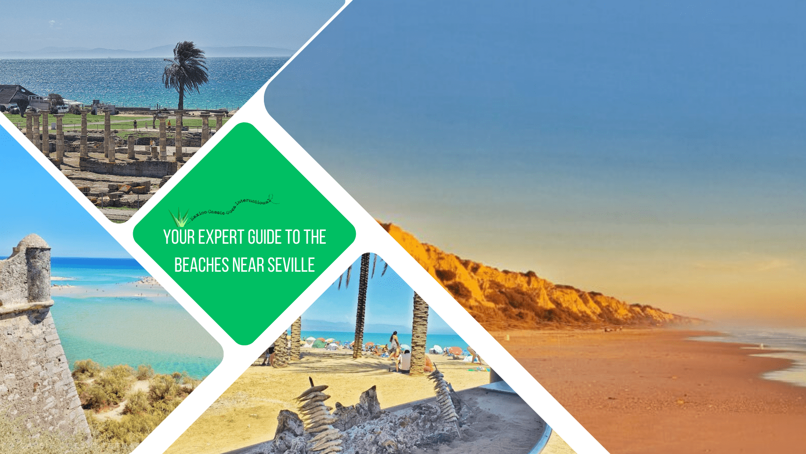 green text box: your expert guide to the beaches near seville. 4 photos of beaches - 1 long beach at dusk, 1 with roman ruins on sunny day, 1 with Caribbean colour water an dnd edge of fort, 1 of typical Andaluz beach grill with sardines on beach