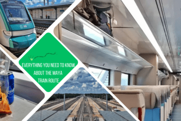 green text box: everything you need to know about the maya train route. 4 photos - 1 of empty train seats, 1 of track stretching into distance, 1 of snack (plantain chips and blue can of water) on train table, 1 of front of train