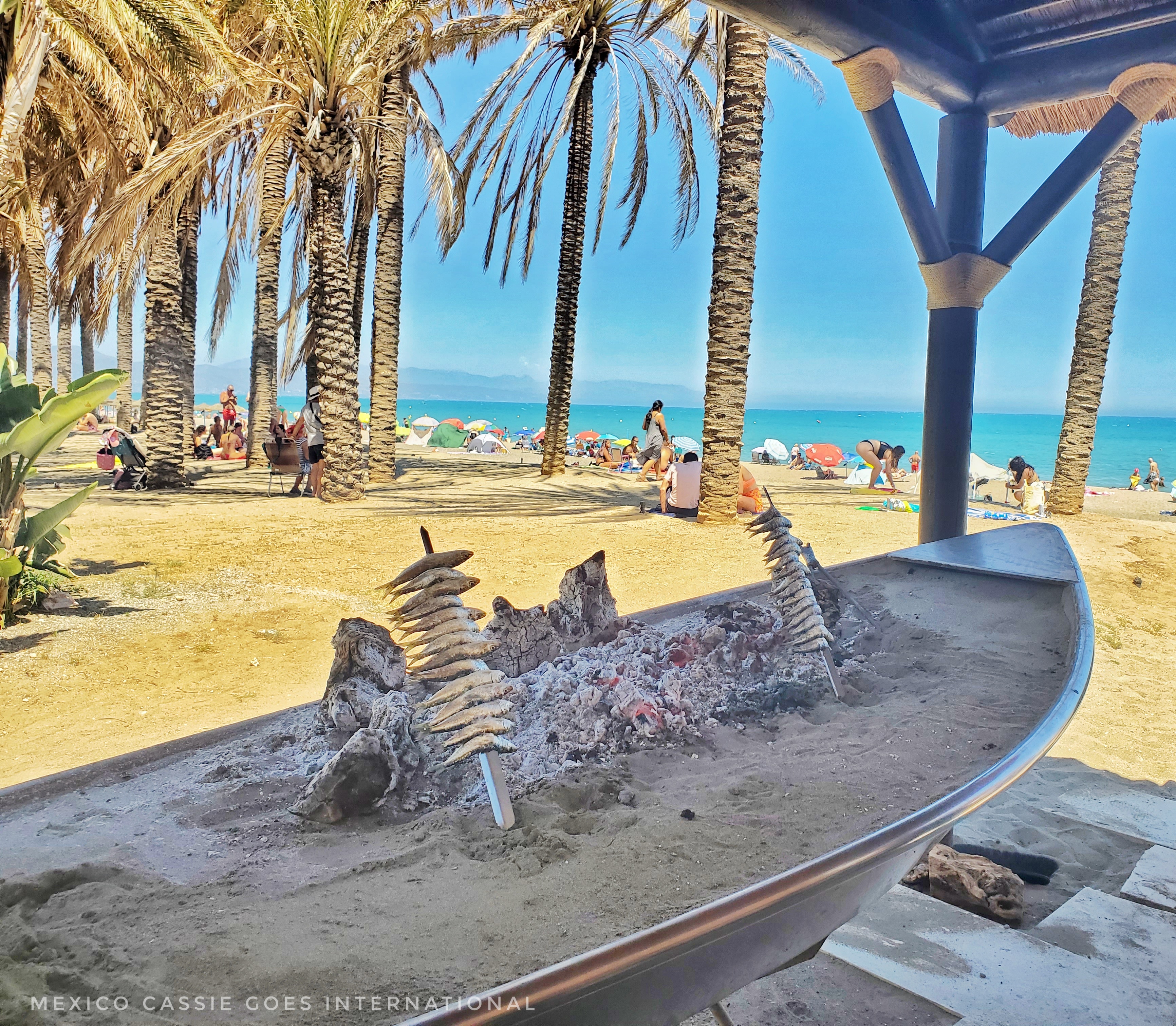 bbq pit with sardines cooking on sticks. palm trees on a sandy beach behind 