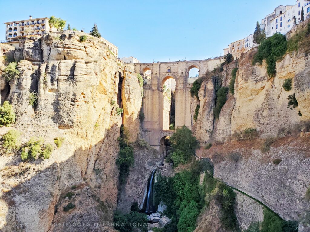 view of Puente Nuevo (New Bridge) from the bottom of the gorge in Ronda