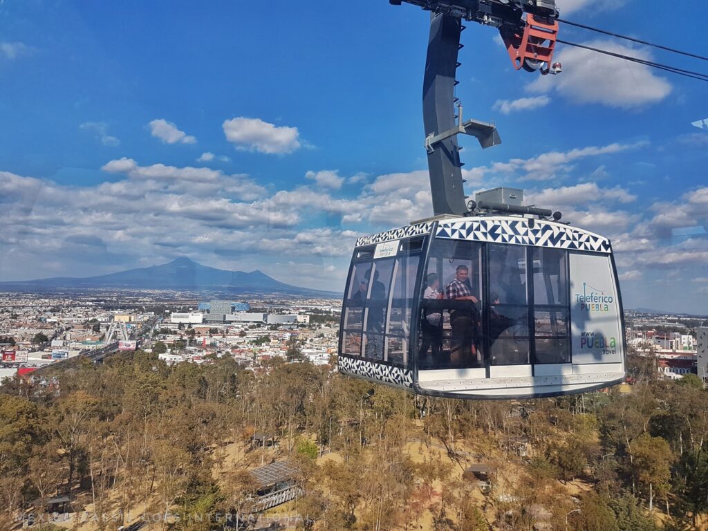 cable car over forest with volcano in far distance