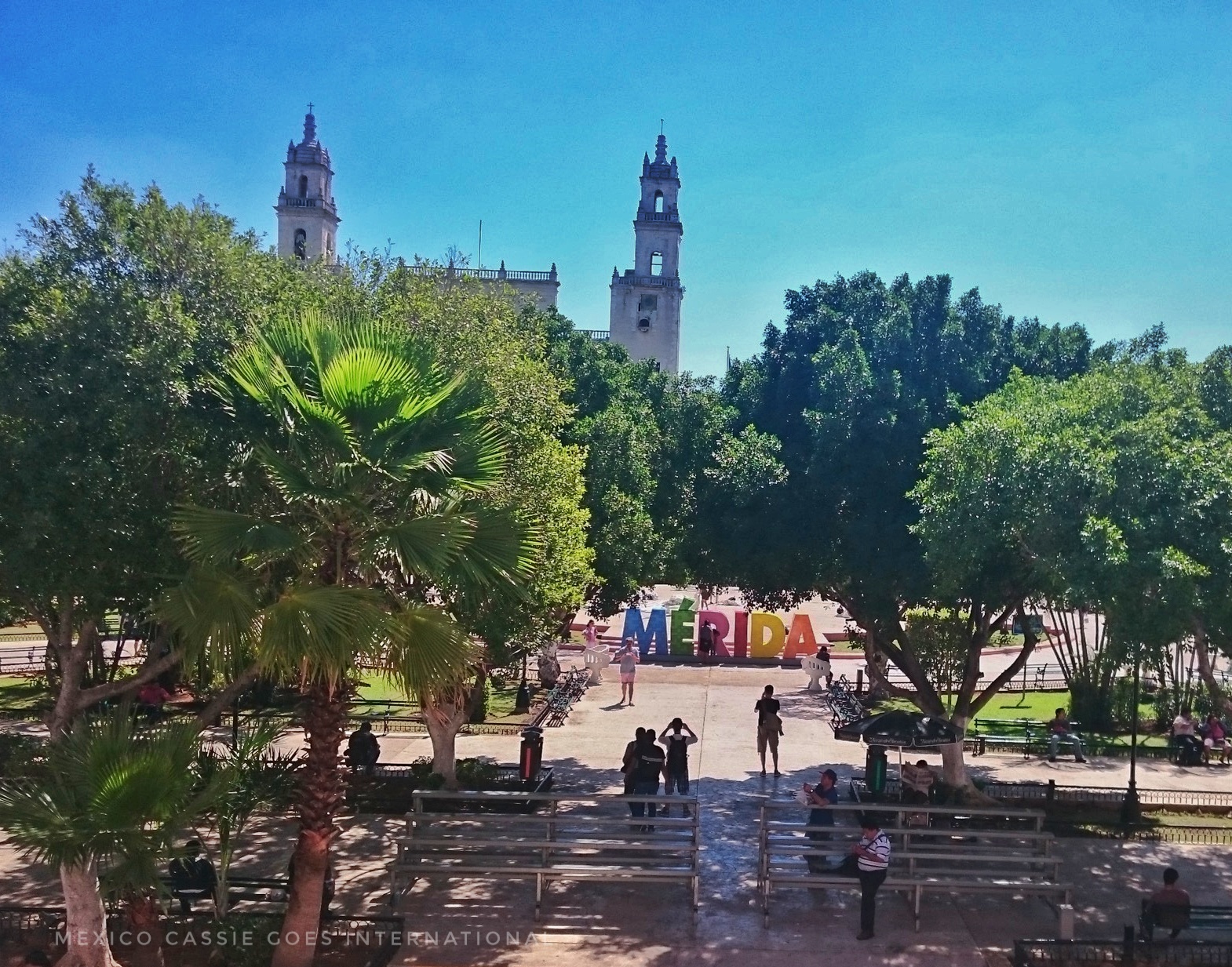 view of merida's cathedral, merida letters and plaza