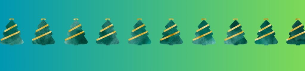 row of christmas trees with yellow tinsel. green background