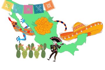 map of Mexico with a jaunty sombrero over the Yucatan peninsula. skeleton with guitar, papel picado, cacti and an alibrije