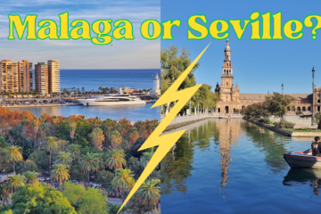 Yellow writing: Malaga or Seville. yellow lightning bolt splitting a photo of Malaga on left (trees, water, large yacht and modern buildings) and a photo of Sevilla (plaza de españa and people in a rowing boat on the canal there