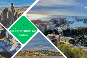 green text box: how to spend 3 perfect days in malaga. 4 photos - 1 view over the city, 1 view along beach, 1 of castle wall and one close up of a picasso painting