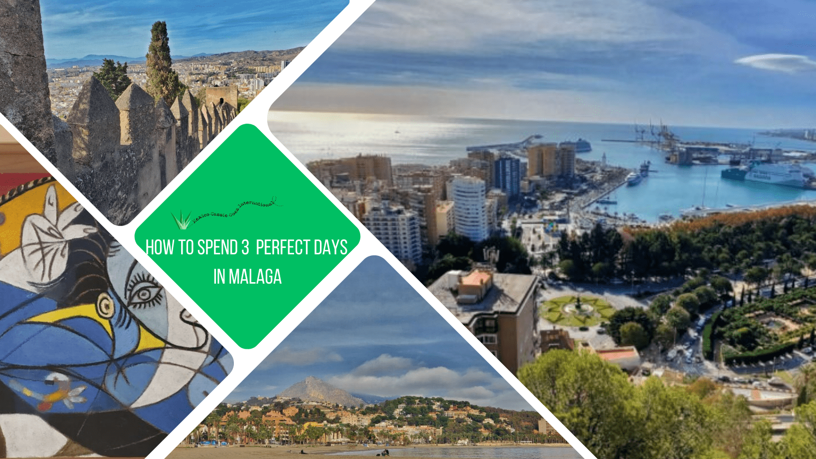 green text box: how to spend 3 perfect days in malaga. 4 photos - 1 view over the city, 1 view along beach, 1 of castle wall and one close up of a picasso painting