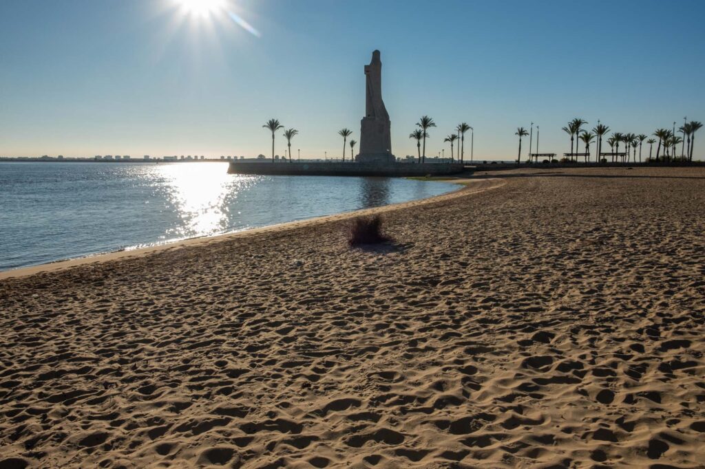 empty sandy beach, calm water, palm trees and a statue
