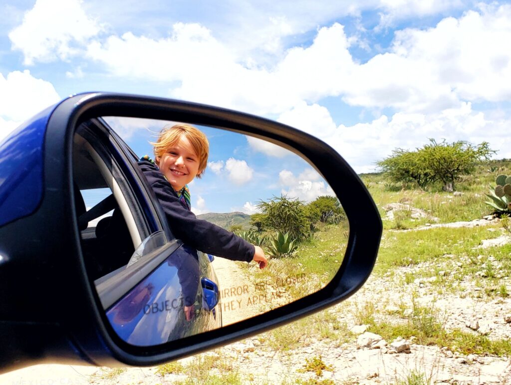 smiling kid leaning out of back car window reflected in wing mirror