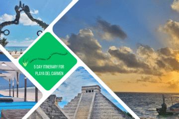 green text box: 5 day itinerary for playa del carmen. 4 photos, one of sunset on sea, 1 of chichen itza, 1 of beach beds and 1 of playa del carmen parque de fundadores with the mermaid gate