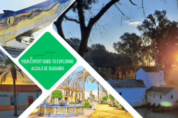 green text box: your expert guide to exploring alcala de guadaira. 4 photos. 1 of white mill at sunset, 1 of bright sunlit plaza, 1 of museum building at dusk, 1 of dragon bridge