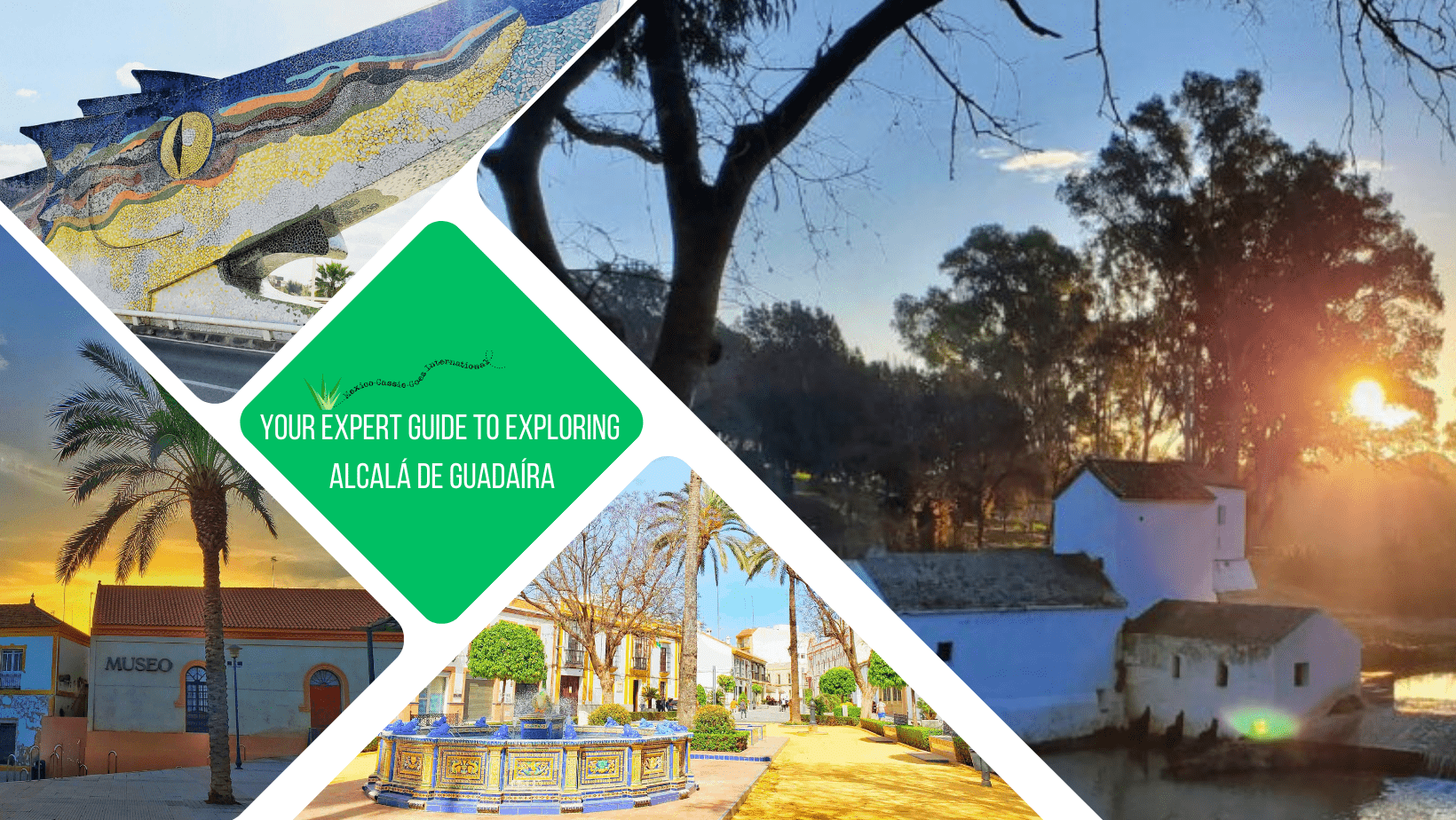 green text box: your expert guide to exploring alcala de guadaira. 4 photos. 1 of white mill at sunset, 1 of bright sunlit plaza, 1 of museum building at dusk, 1 of dragon bridge