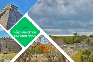 green text box: your expert guide to the maya ruins of Yucatán. 4 photos of ruins, 1 of Xcambo on grey day, Chacmultun through red blossom, pyramid at Chichén Itzá & IZamal