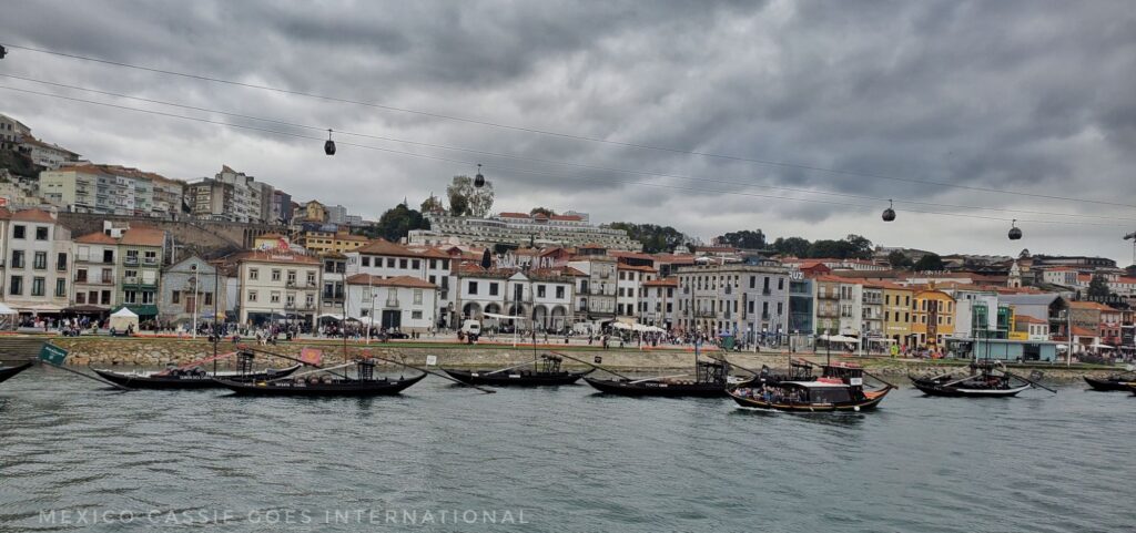 view of the Nova Gaia bank of the Douro - cloudy sky, traditional boats in the water and houses