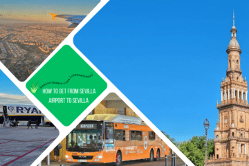 green text box: how to get from Sevilla airport to Sevila. 4 photos, 1 of Plaza de España tower, 1 of Sevilla from aeroplane window, 1 of orange airport bus and 1 of Ryanair plane on tarmac