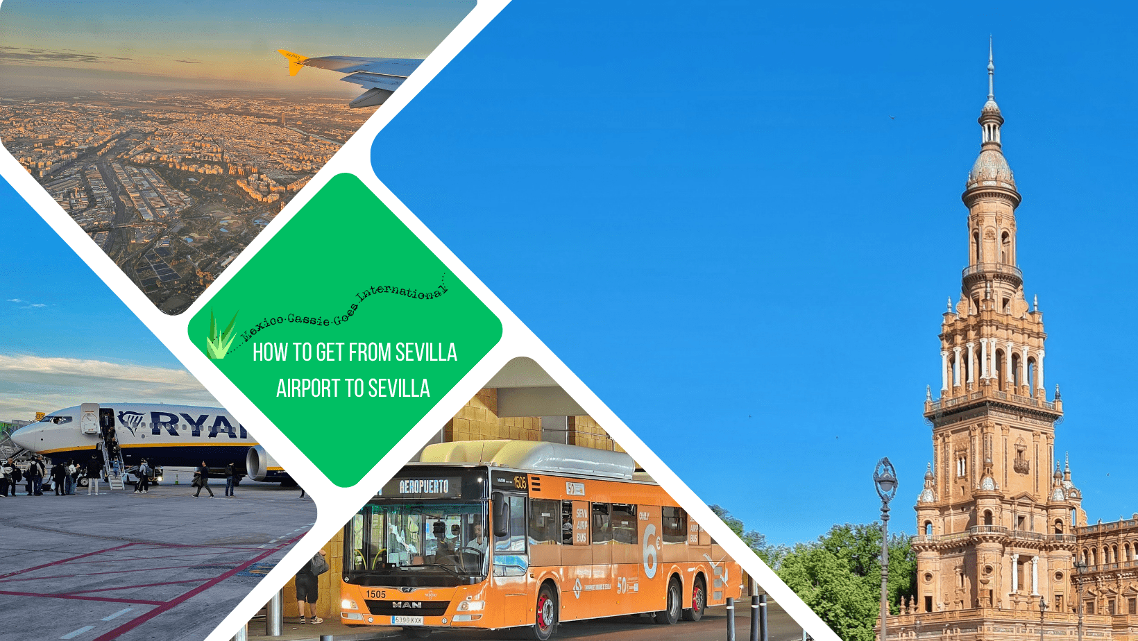 green text box: how to get from Sevilla airport to Sevila. 4 photos, 1 of Plaza de España tower, 1 of Sevilla from aeroplane window, 1 of orange airport bus and 1 of Ryanair plane on tarmac