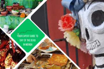 green text box - your expert guide to day of the dead in Mérida. 4 photos - 1 close up of a papier mache skeleton head, 1 of pib being served, 1 of an altar covered in banana leaves and plates, 1 of a group of people in the dark (faces painted, holding lanterns)