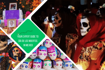 green text box: your expert guide to día de los muertos in mexico. 4 photos, 1 of people wtih faces painted as skulls, 1 of sugar skulls piled up, 1 of a giant catrina and 1 of an altar