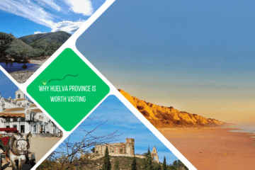 Green text box: why Huelva province is worth visiting. 4 photos - 1 beach at dusk, 1 castle on a hill, 1 white church with horse and cart in front, 1 forest and red river