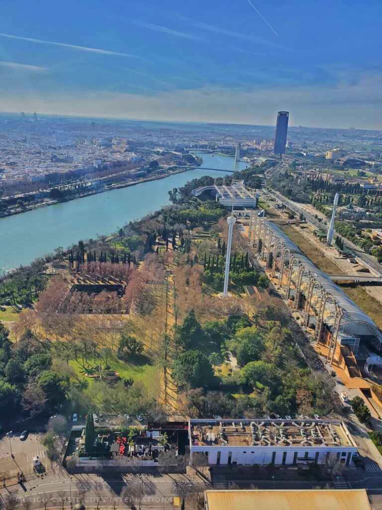 view of seville from a hot air balloon - river on left