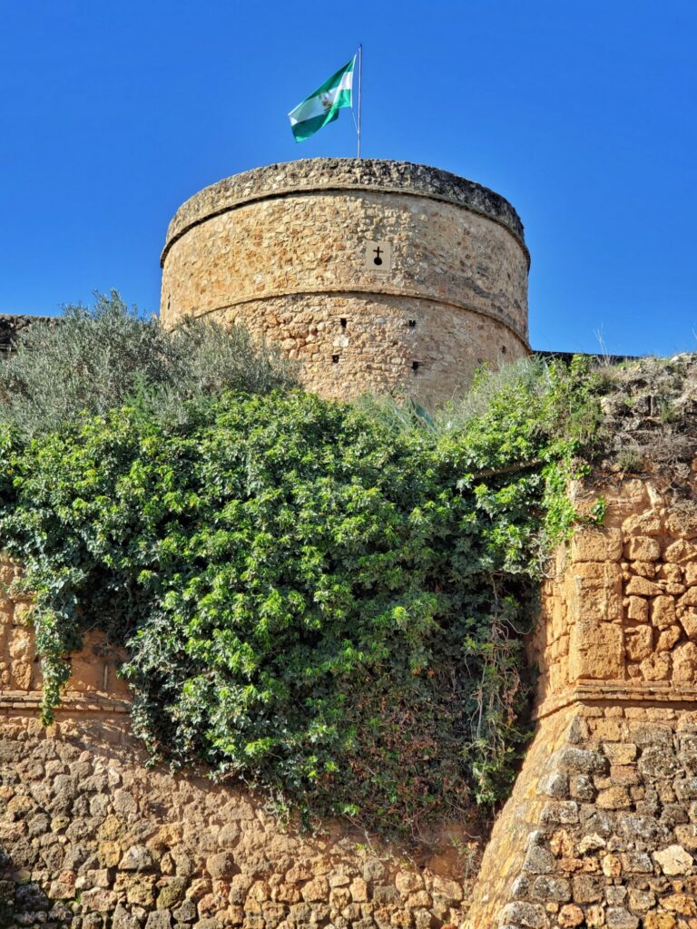 round castle tower flying Andaluz flag - trees covering some of the wall