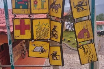 sign made up of 11 yellow squares, each with a picture showing something of the region