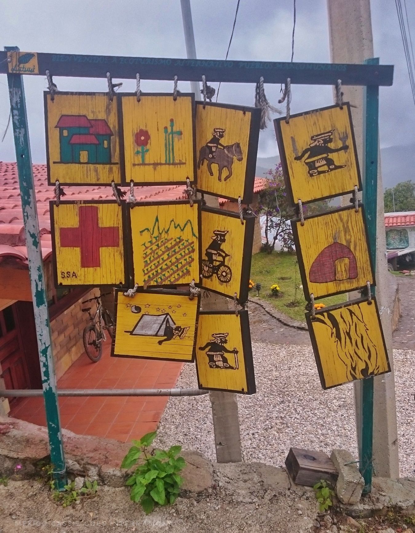 sign made up of 11 yellow squares, each with a picture showing something of the region