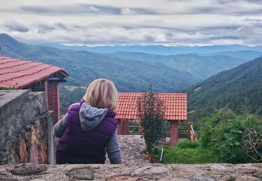 child in purple body warmer (facing away from camera) looking out over valley and red tile roof