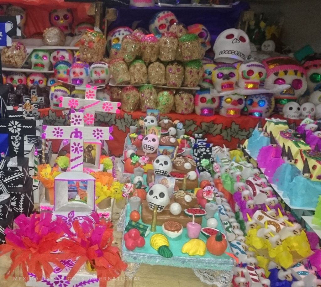 market stall full of day of the dead candy