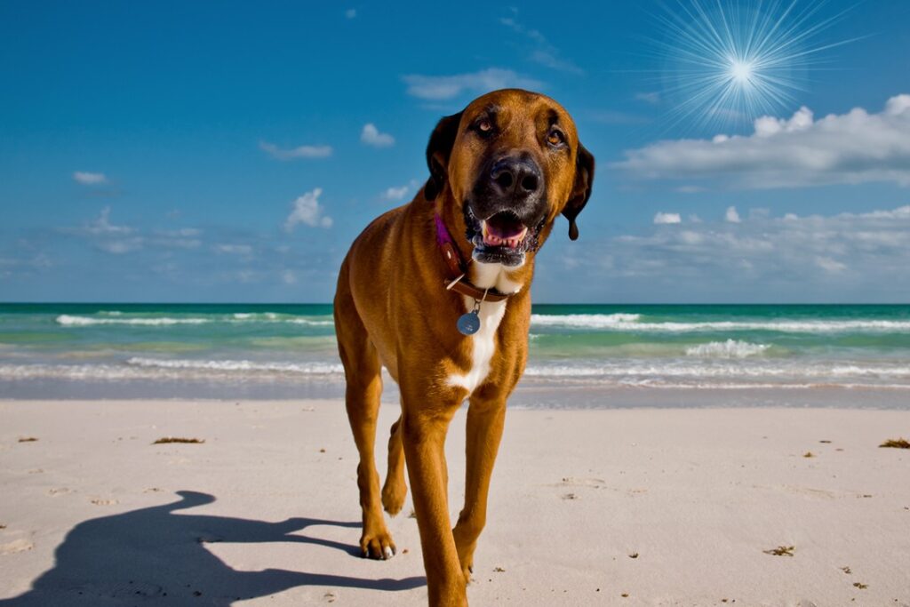 beautiful brown dog looking at camera while walking on beach