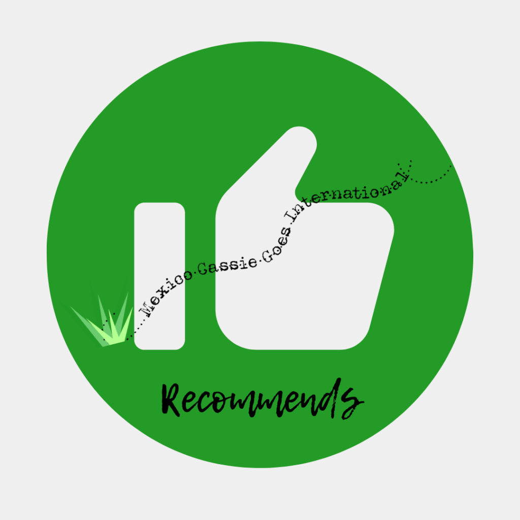 green circle with fb style thumbs up symbol: across it is the Mexico Cassie Goes International logo (words and a small green agave) and underneath in cursive text the word "recommends"