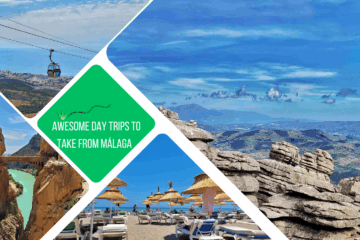 green text box: awesome day trips from Malaga. 4 photos. 1 of view over cliffs of Antequera, 1 of a beach scene, 1 of cable car and 1 of caminito del rey famous bridge shot
