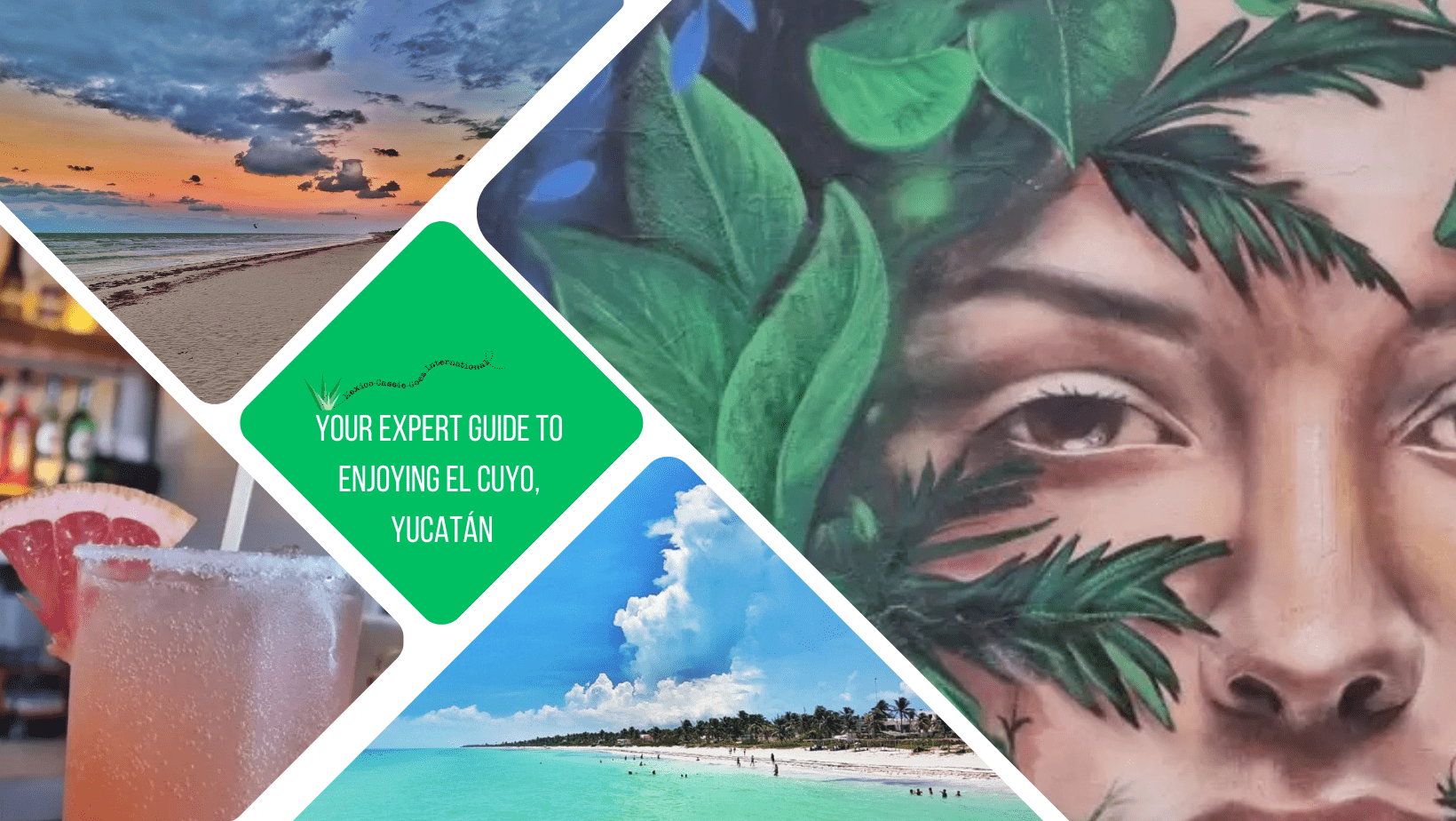 green text box: Your expert guide to enjoying El Cuyo, Yucatán. 4 photos - 1 of a close up of street art face with leaves in front of it, 1 of beach taken from over the water, 1 cocktail glass and 1 beach at sunset