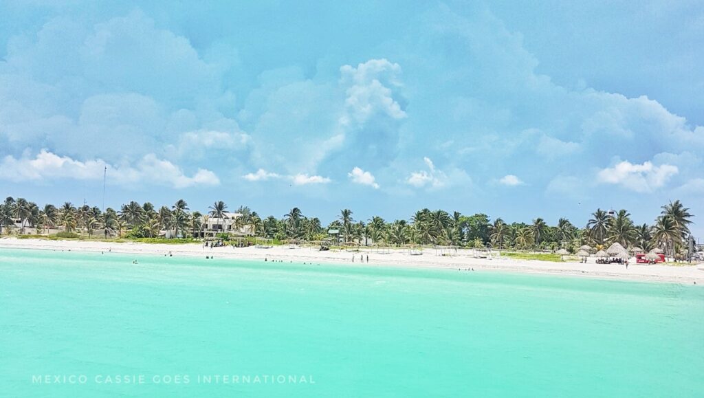 turquoise water, white sand, palm trees, blue sky with clouds