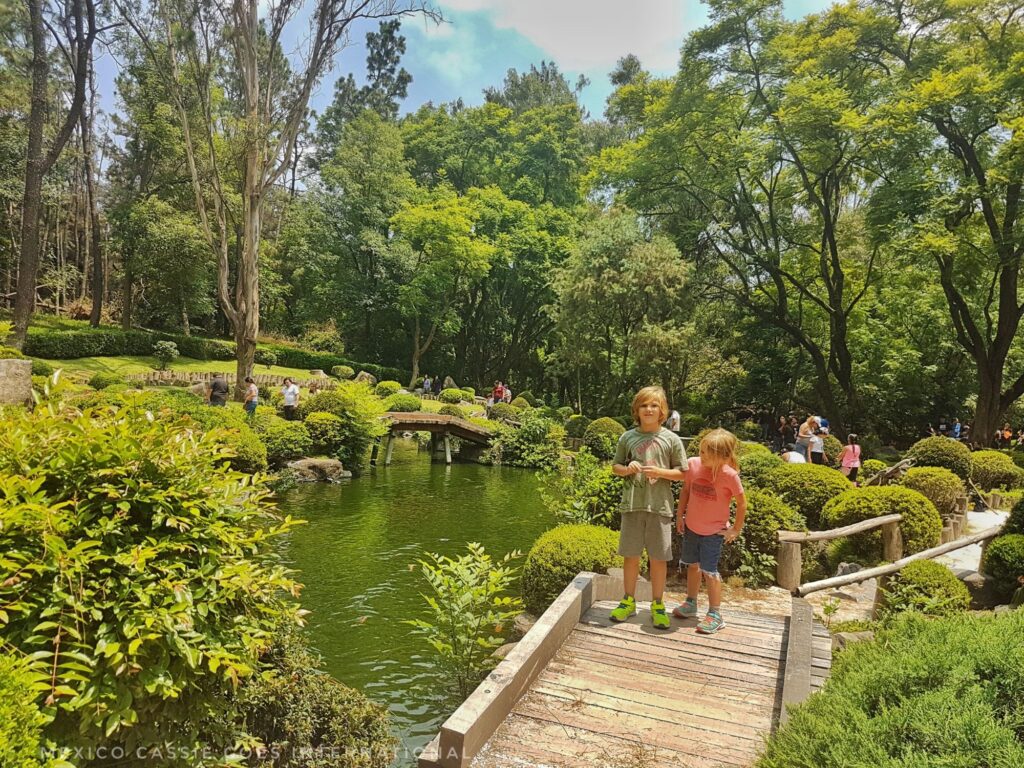 2 kids standing on a wooden path in a japanese style garden