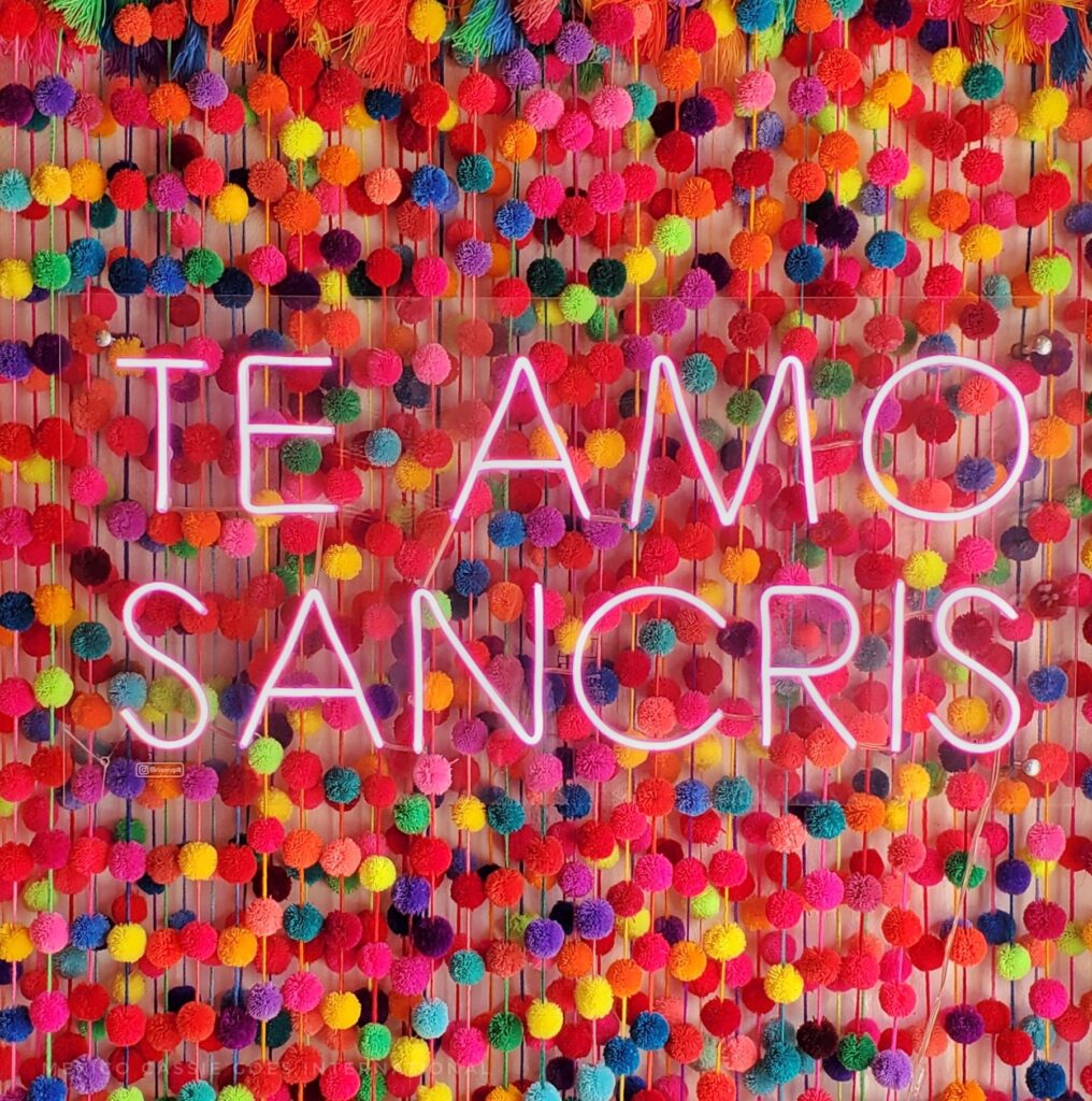 whole photo is covered with colourful pompoms on strings. "Te Amo Sancris" written in pink across the page