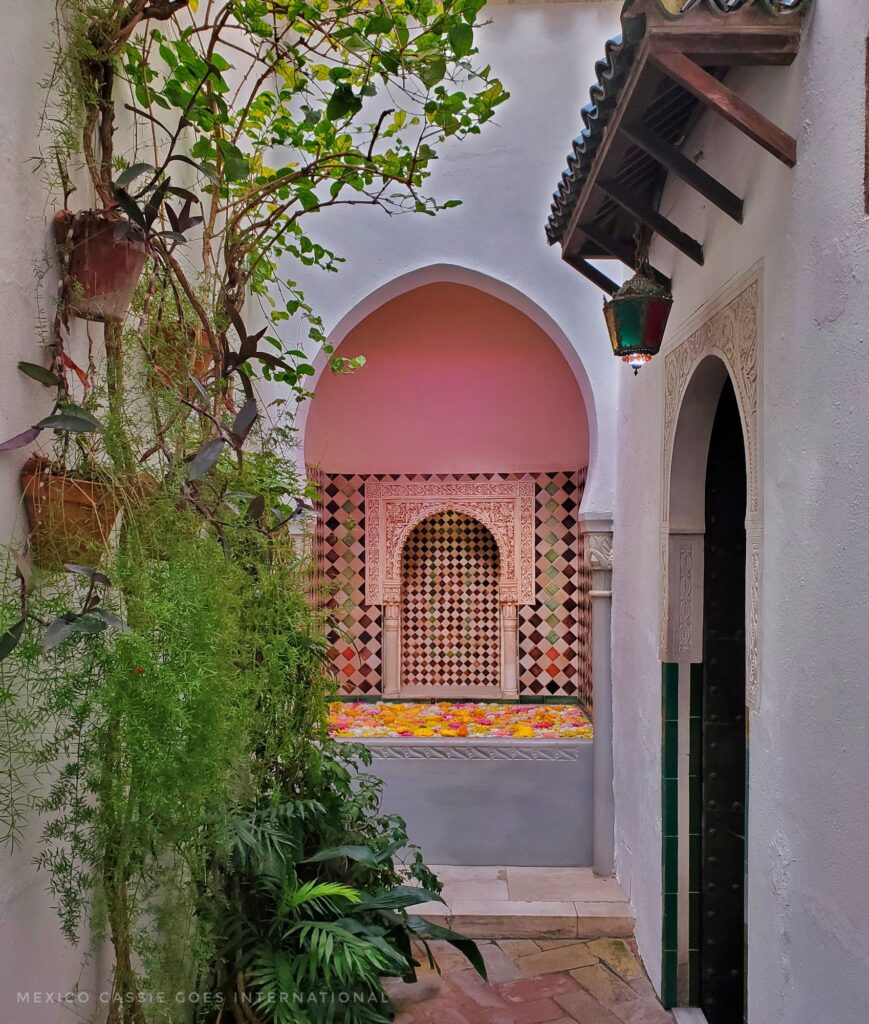 small courtyard, plants on left, end has a square basin with tiles up wall and an Arab arch over i