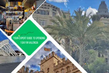 green text box: your expert guide to spending 1 day in valencia. 4 photos - 1 of palm trees in front of old building, 1 of castle top with flag flying, 1 of museum display (80s electronics) and 1 of valencia science museum on sunny day
